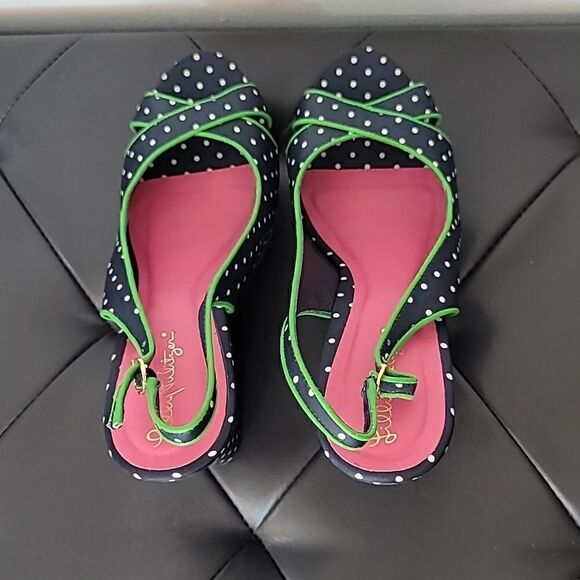 Lilly Pulitzer Polka Dot Wedge Peep Toe Sandals Navy White - Picture 4 of 11